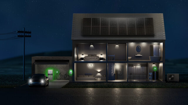 Graphic of an energy efficient house at night showing all forms of energy saving tech in use